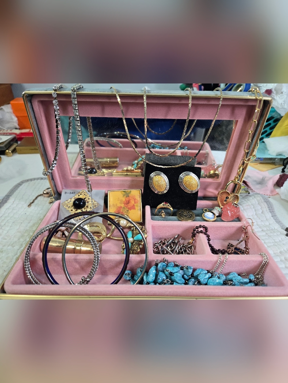 Vintage Pink Velvet Jewelry Box with Mixed Costume Jewelry